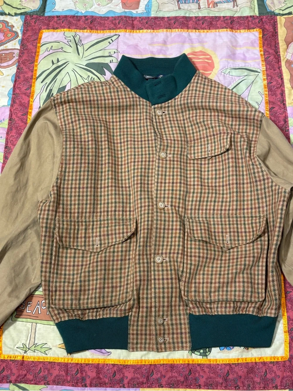 VINTAGE 80s 90s Polo Ralph Lauren Plaid Wool Bomber Jacket Beige Green